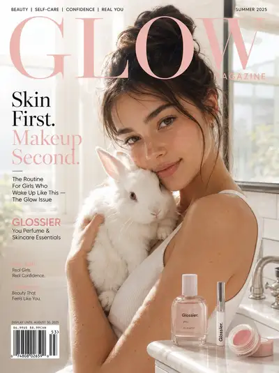 Glossier风格护肤杂志封面，配有兔子和大理石架子