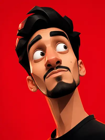 Stylized vector 3D caricature portrait on crimson background