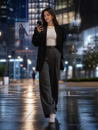 Luxury fashion editorial portrait with a social media UI overlay