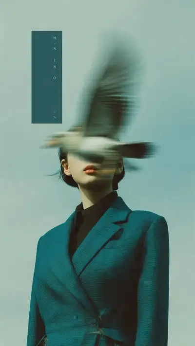 Editorial fashion portrait with a bird blurring the face