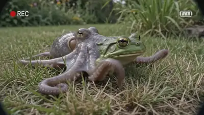 Gemini-Omni-Video-Prompt: Found-Footage-Kreatur, Hybrid aus Frosch und Oktopus
