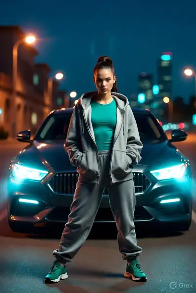 Stunning Woman with Luxury Sedan Night Scene