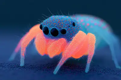 Olhos de aranha-saltadora em super macro neon (Midjourney)