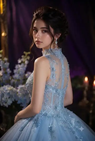 Retrato onírico à luz de velas com vestido de renda azul claro