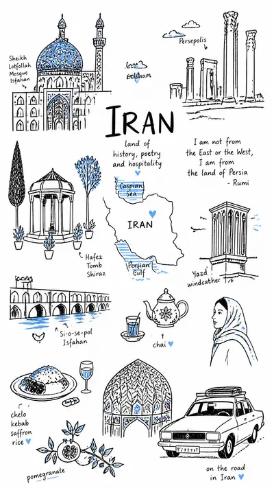Hand-drawn felt-tip travel doodle illustration of Iran
