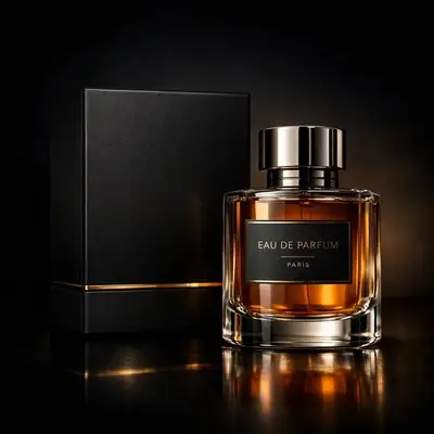 Luxury perfume box and glass bottle studio photography