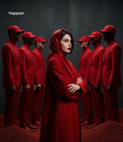 Cinematic Surreal Fashion Scene with Red Coats