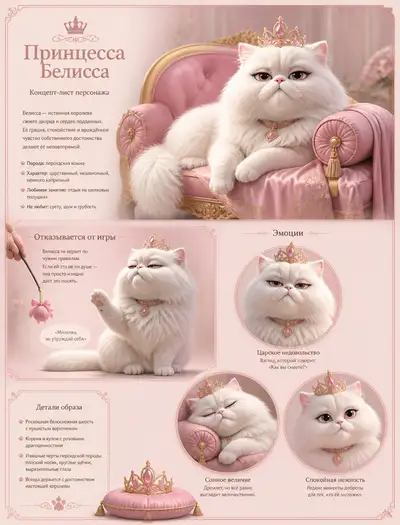 気品あるペルシャ猫のピクサー風キャラクターコンセプトシート