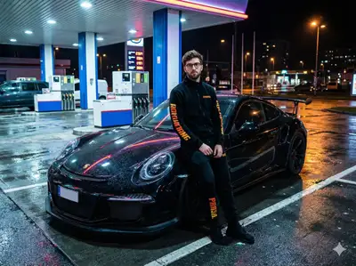 Portrait nocturne à la station-service avec Porsche pour Nano Banana Pro