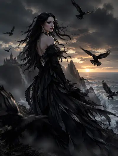 Gothic woman on a windswept cliff with ravens