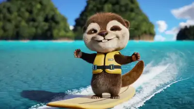 Otter Surfing Tropical Waters 3D Render