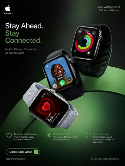 Apple Watch luxury campaign poster with activity ring UI