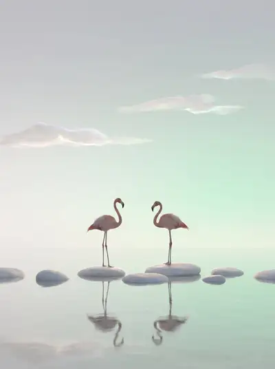 Two Flamingos Minimalist Green-Toned Landscape Prompt