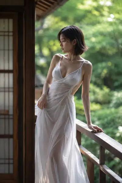 Quiet portrait on a Japanese veranda dissolving into a green garden