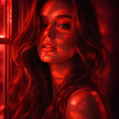 Cinematic wine-red neon reflection portrait
