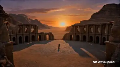 Prompt de vídeo de ação cinematográfica de mulher contra leões em arena do deserto (Seedance 2.0)