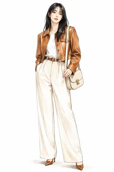 Fashion Illustration of Woman in Brown Leather Jacket