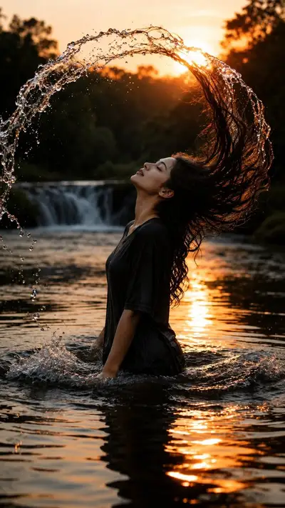 Portrait cinématographique de cheveux au vent dans une rivière à l'heure dorée