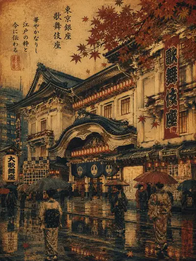 Ukiyo-e Tokyo Dome Rainy Autumn Travel Poster