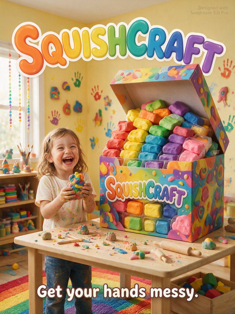 Playful kids clay-craft product ad poster, 'SQUISHCRAFT' (Seedream 5.0 Pro)