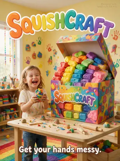 Póster publicitario juguetón de manualidades con arcilla para chicos, 'SQUISHCRAFT' (Seedream 5.0 Pro)