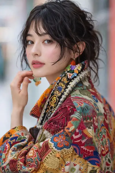 Modeeditorial-Porträt in bestickter Patchwork-Jacke