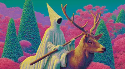 Hooded Figure Riding Deer Through Pink Forest