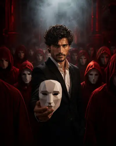 Retrato de thriller de luxo em meio a multidão mascarada, prompt em JSON