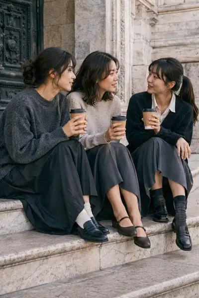 大聖堂の階段でコーヒーを飲む三人の友人