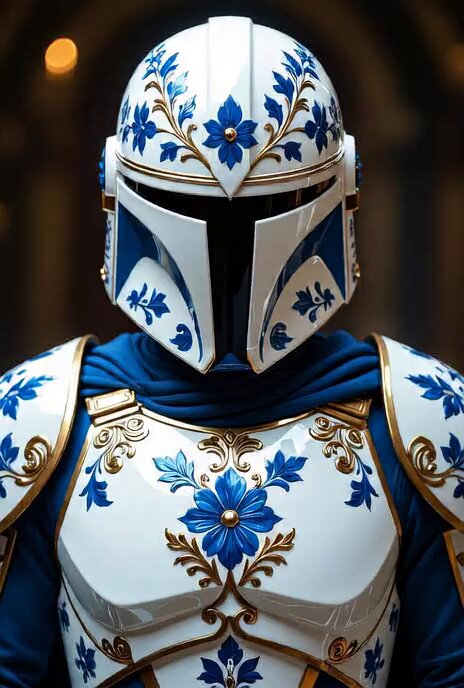 Porcelain Mandalorian-style armor - Grok Imagine concept art