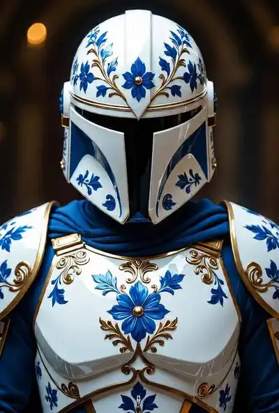 Armure de style mandalorien en porcelaine - concept art Grok Imagine