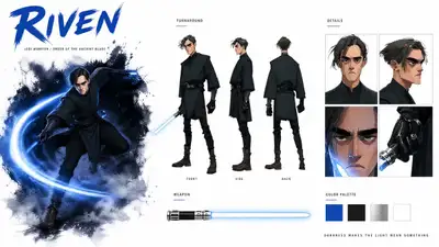Modèle de fiche de personnage (character bible) pour guerrier Jedi, RIVEN