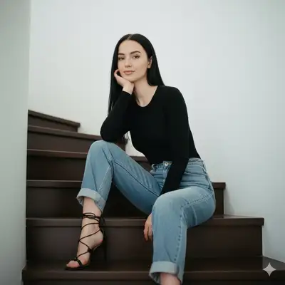 Hyper-realistic portrait of a woman on stairs