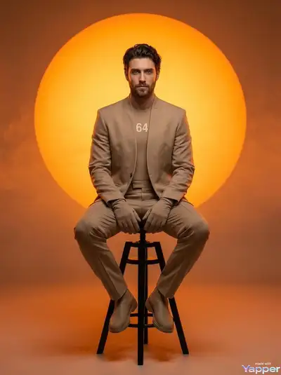 Album-cover style portrait of a man lit by a glowing sun