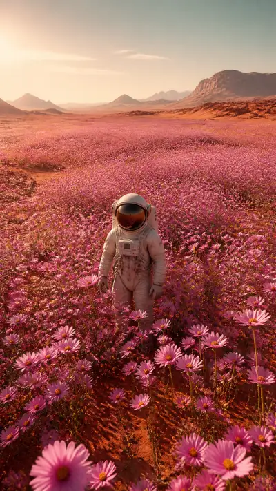 Astronauta em pé em campo de flores cósmicas marcianas