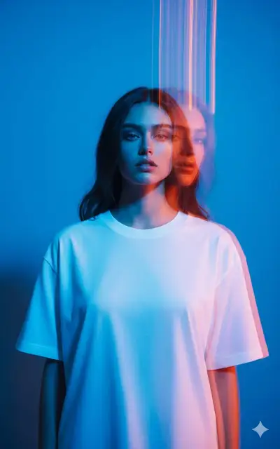 Verträumtes Editorial-Porträt mit blauem Farbverlauf und Bewegungsunschärfe