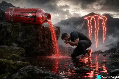 Cinematic surreal Monster energy drink ad scene