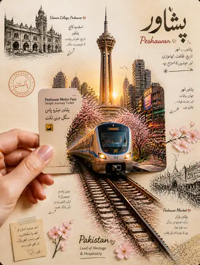 Peshawar travel journal collage with a metro train portal