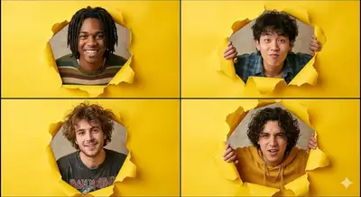 2x2 grid of portraits peeking through torn yellow paper