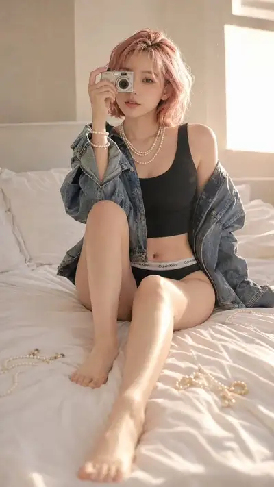 Dreamy golden-hour bedroom lifestyle portrait with film halation
