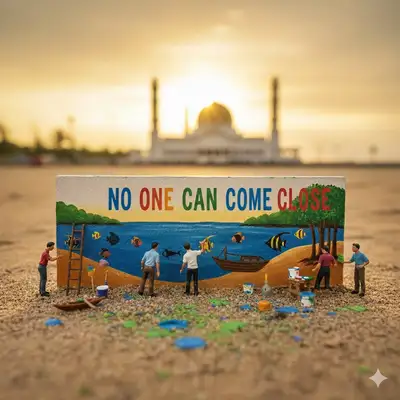 Miniature figurines painting an environmental mural near a landmark