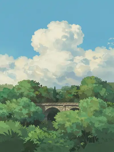 Ghibli style watercolor landscape of sky and forest