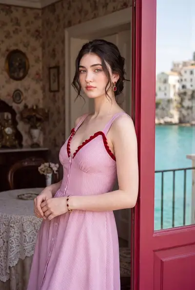 Retrato editorial romântico na varanda de uma vila costeira italiana