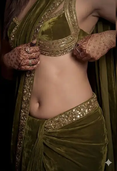 Olive Velvet Saree High-Fashion Studio Portrait