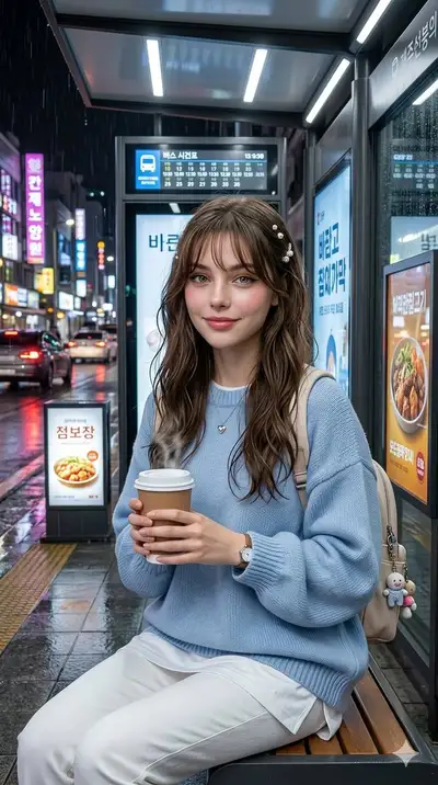 Photorealistic Korean Rainy Bus Stop Portrait