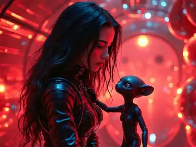 Cinematic Sci-Fi Woman and Alien Bonding Scene