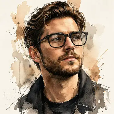 Portrait à l'aquarelle et à l'encre d'un homme pensif