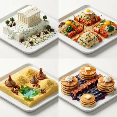 Prompt de grille de paysages culinaires miniatures de monuments emblématiques