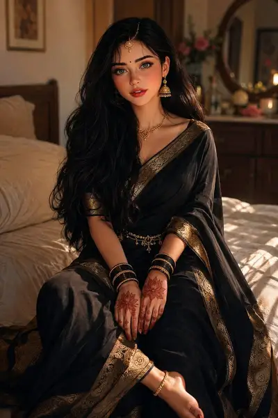 身穿黑色丝绸纱丽的印度女性超写实肖像