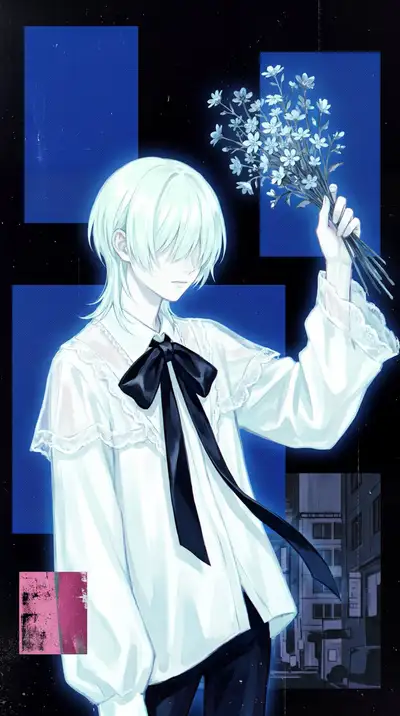 Melancholic Anime Figure with Geometric Collage